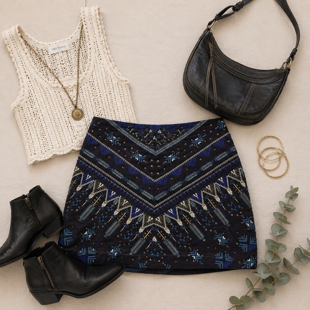 Free People Women's Size 8 Embroidered Beaded Mini Skirt Black & Blue Boho